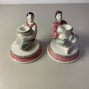English Rye Pottery Girl and Boy Low Candlesticks
